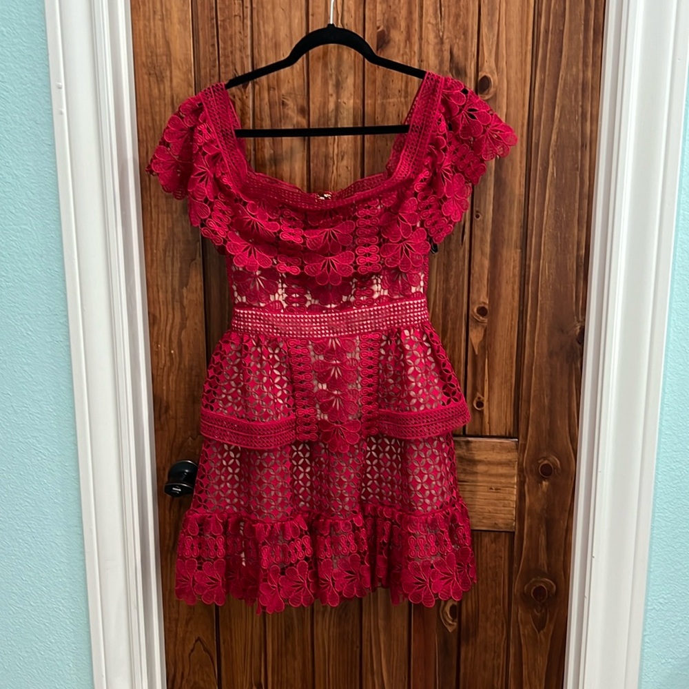 Self-Portrait burgundy off the shoulder dress
